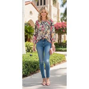 Lauren Ralph Lauren Sheer Floral Blouse S Multi-Color Pink Yellow Black